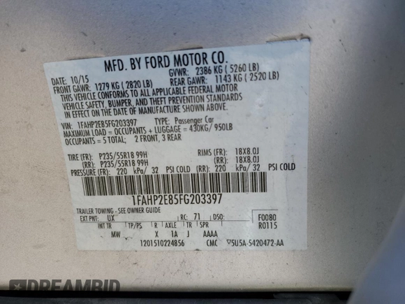 2015 Ford Taurus SEL z VIN 1FAHP2E85FG203397, wystawiony jako Copart lot #51821405 z przebiegiem 78 592 mil mil oraz Szkody całkowita. Historia ofert i sprzedaży dostępna na DreamBid. Obrazek 15.
