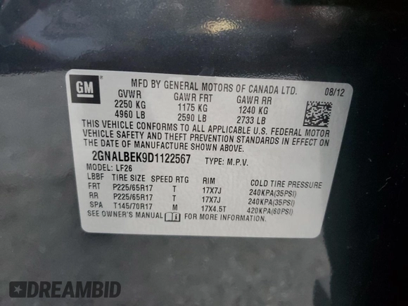 2013 Chevrolet Equinox LS with VIN 2GNALBEK9D1122567, listed as a Copart auction lot 55315465 with 110,729 mi miles and Clean Title. Bid and sale history available at carsss.com. Image 13.