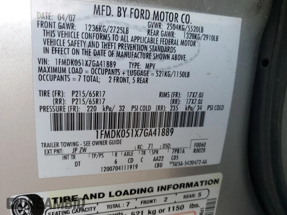 2007 Ford Freestyle SEL with VIN 1FMDK051X7GA41889, listed as a Copart auction lot 80549464 with 131,361 mi miles and Salvage title. Bid and sale history available at DreamBid. Image 15.