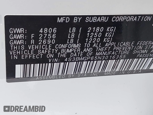 2022 Subaru Legacy Touring XT with VIN 4S3BWGP65N3016355, listed as a IAAI auction lot 42605867 with 27,070 mi miles and . Bid and sale history available at DreamBid. Image 9.