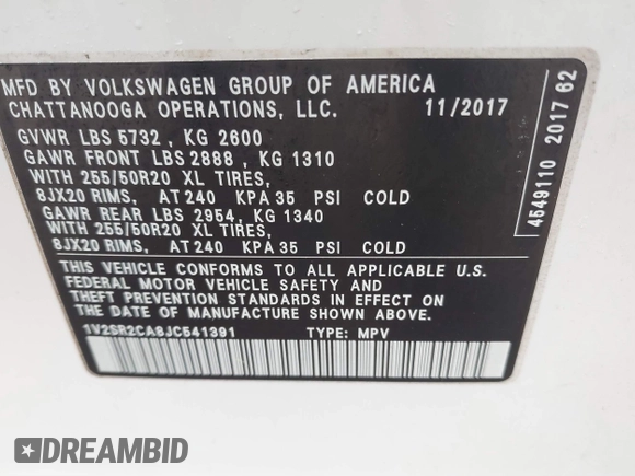 2018 Volkswagen Atlas SEL with VIN 1V2SR2CA8JC541391, listed as a IAAI auction lot 41796050 with 114,955 mi miles and . Bid and sale history available at DreamBid. Image 9.