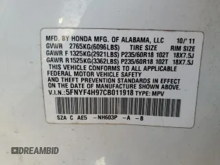 2012 Honda Pilot Touring with VIN 5FNYF4H97CB011918, listed as a Copart auction lot 49682635 with 98,146 mi miles and Salvage Title. Bid and sale history available at carsss.com. Image 13.