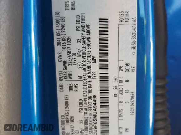 2021 Ford Escape S with VIN 1FMCU9F65MUA94498, listed as a Copart auction lot 81848834 with 29,848 mi miles and Salvage Title. Bid and sale history available at DreamBid. Image 12.