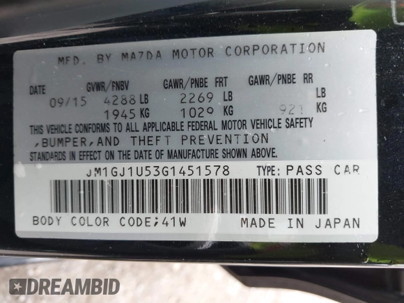 2016 Mazda 6 i Sport with VIN JM1GJ1U53G1451578, listed as a IAAI auction lot 42134810 with 113,144 mi miles and . Bid and sale history available at DreamBid. Image 9.