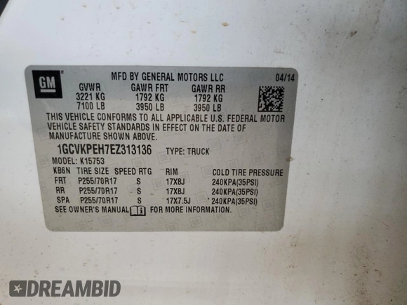 2014 Chevrolet Silverado 1500 Work Truck with VIN 1GCVKPEH7EZ313136, listed as a Copart auction lot 49158825 with 105,461 mi miles and Salvage Title. Bid and sale history available at DreamBid. Image 14.