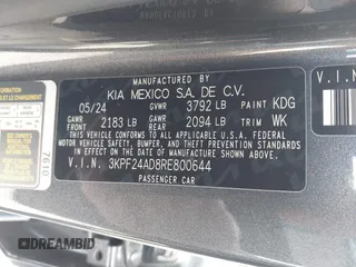 2024 Kia Forte LXS with VIN 3KPF24AD8RE800644, listed as a IAAI auction lot 41750529 with 12,339 mi miles and . Bid and sale history available at DreamBid. Image 9.