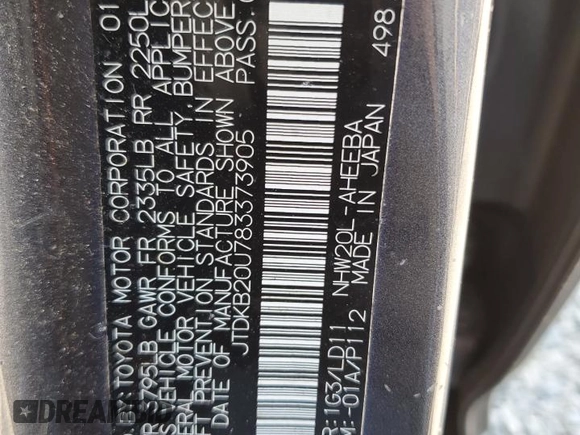 2008 Toyota Prius with VIN JTDKB20U783373905, listed as a Copart auction lot 54266455 with 139,585 mi miles and Salvage Title. Bid and sale history available at carsss.com. Image 12.