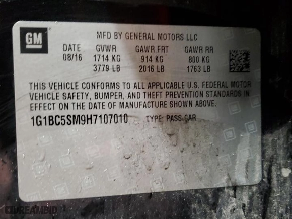 2017 Chevrolet Cruze LS with VIN 1G1BC5SM9H7107010, listed as a Copart auction lot 82623294 with 117,657 mi miles and Clean Title. Bid and sale history available at carsss.com. Image 12.