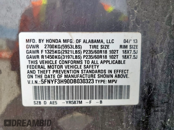2013 Honda Pilot Touring with VIN 5FNYF3H90DB030323, listed as a Copart auction lot 57914985 with 226,792 mi miles and Salvage title. Bid and sale history available at DreamBid. Image 13.