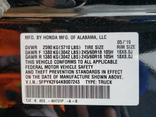 2019 Honda Ridgeline RTL-T z VIN 5FPYK2F64KB007243, wystawiony jako Copart lot #43511615 z przebiegiem 55 173 mil mil oraz Szkoda całkowita • Salvage title. Historia ofert i sprzedaży dostępna na DreamBid. Obrazek 15.
