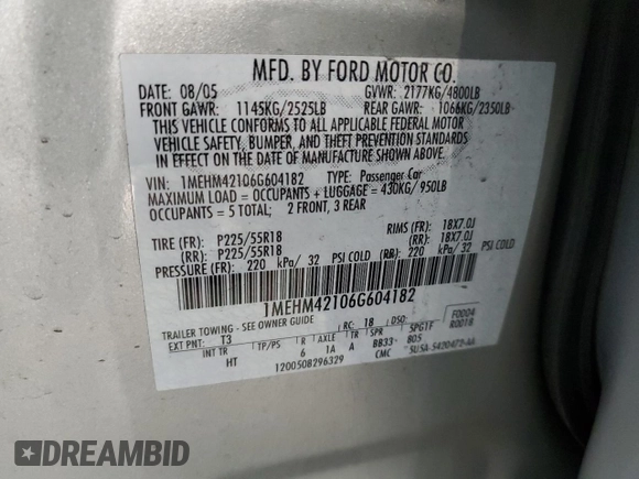 2006 Mercury Montego Premier z VIN 1MEHM42106G604182, wystawiony jako Copart lot #58371085 z przebiegiem 75 013 mil mil oraz Szkoda całkowita • Salvage title. Historia ofert i sprzedaży dostępna na DreamBid. Obrazek 12.