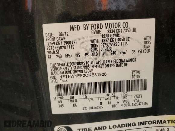 2012 Ford F-150 XL with VIN 1FTFW1EF2CKE31928, listed as a Copart auction lot 54445465 with 188,568 mi miles and Salvage title. Bid and sale history available at DreamBid. Image 12.