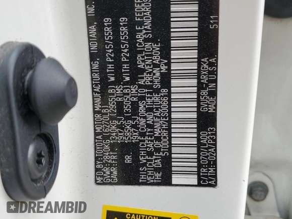 2014 Toyota Highlander Limited with VIN 5TDDCRFH7ES006618, listed as a Copart auction lot 59916665 with 56,290 mi miles and Salvage title. Bid and sale history available at DreamBid. Image 14.
