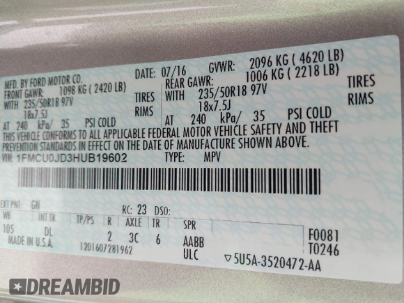 2017 Ford Escape Titanium with VIN 1FMCU0JD3HUB19602, listed as a IAAI auction lot 41816296 with 70,311 mi miles. Bid and sale history available at carsss.com. Image 9.