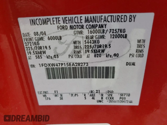 2005 Ford F-450 with VIN 1FDXW47P15EA28273, listed as a Copart auction lot 46141824 with 114,831 mi miles and Salvage title. Bid and sale history available at DreamBid. Image 12.