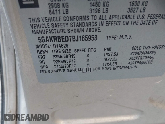 2011 Buick Enclave CXL-1 with VIN 5GAKRBED7BJ165953, listed as a IAAI auction lot 41802673 with 148,310 mi miles. Bid and sale history available at carsss.com. Image 9.