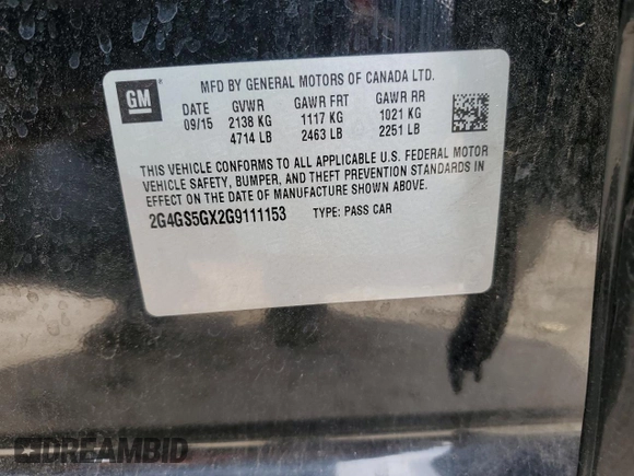 2016 Buick Regal Premium II with VIN 2G4GS5GX2G9111153, listed as a Copart auction lot 53117385 with 137,863 mi miles and Salvage Title. Bid and sale history available at DreamBid. Image 14.