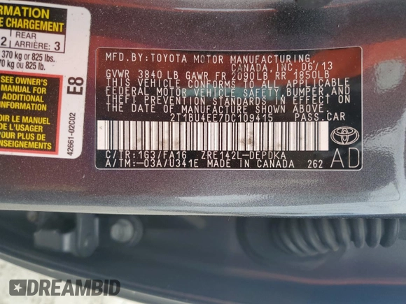 2013 Toyota Corolla L with VIN 2T1BU4EE7DC109415, listed as a Copart auction lot 47145595 with 0 mi miles and Salvage Title. Bid and sale history available at carsss.com. Image 15.