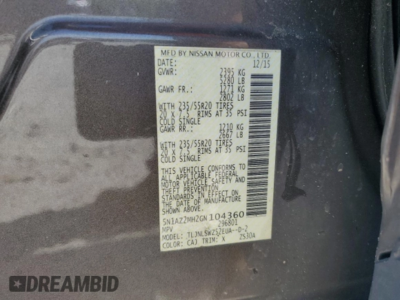 2016 Nissan Murano SL z VIN 5N1AZ2MH2GN104360, wystawiony jako Copart lot #53719425 z przebiegiem 145 278 mil mil oraz Szkody całkowita. Historia ofert i sprzedaży dostępna na DreamBid. Obrazek 13.