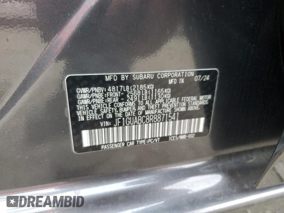 2024 Subaru Impreza with VIN JF1GUABC8R8871541, listed as a Copart auction lot 81168904 with 512 mi miles and Salvage Title. Bid and sale history available at carsss.com. Image 13.
