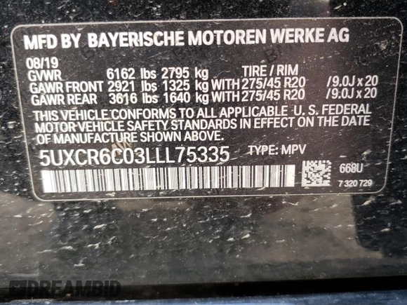 2020 BMW X5 xDrive40i with VIN 5UXCR6C03LLL75335, listed as a Copart auction lot 48447093 with 48,627 mi miles and . Bid and sale history available at DreamBid. Image 13.