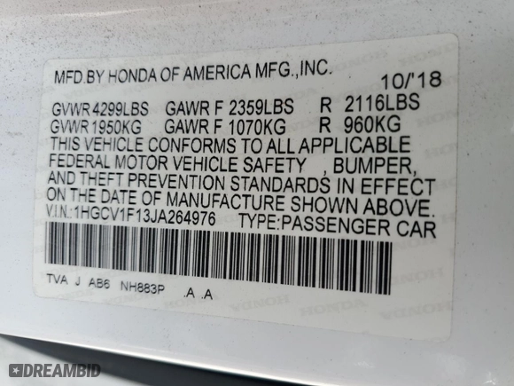 2018 Honda Accord Sedan LX 1.5T with VIN 1HGCV1F13JA264976, listed as a Copart auction lot 50984215 with 63,473 mi miles and Salvage Title. Bid and sale history available at carsss.com. Image 12.