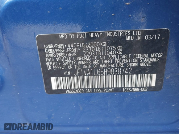 2017 Subaru WRX Limited with VIN JF1VA1L65H9838742, listed as a IAAI auction lot 41950947 with 110,281 mi miles. Bid and sale history available at carsss.com. Image 9.
