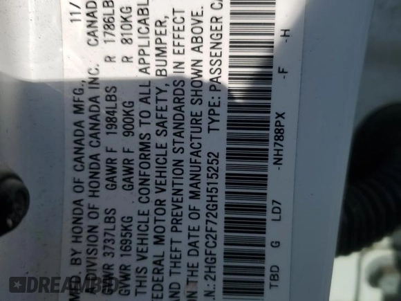 2016 Honda Civic EX with VIN 2HGFC2F72GH515252, listed as a Copart auction lot 50121685 with 139,720 mi miles and Salvage Title. Bid and sale history available at DreamBid. Image 12.