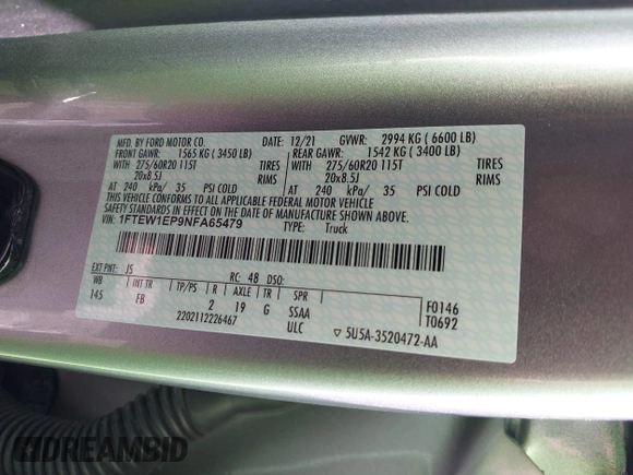 2022 Ford F-150 XL z VIN 1FTEW1EP9NFA65479, wystawiony jako IAAI lot #42165173 z przebiegiem 36 579 mil mil oraz . Historia ofert i sprzedaży dostępna na DreamBid. Obrazek 9.