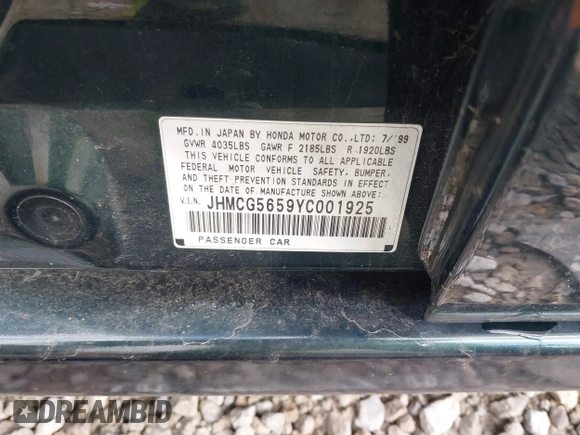 2000 Honda Accord EX z VIN JHMCG5659YC001925, wystawiony jako IAAI lot #41715654 z przebiegiem 190 605 mil mil oraz . Historia ofert i sprzedaży dostępna na DreamBid. Obrazek 9.