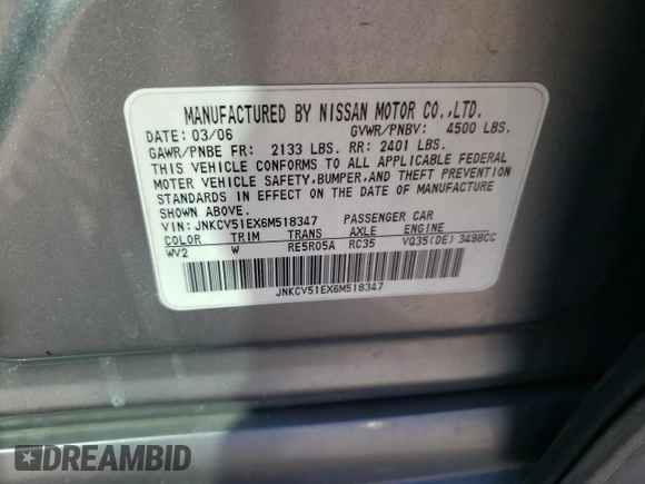 2006 Infiniti G35 with VIN JNKCV51EX6M518347, listed as a Copart auction lot 72001394 with 242,188 mi miles and Salvage Title. Bid and sale history available at DreamBid. Image 12.