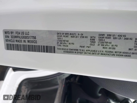 2025 Ram ProMaster Cargo Tradesman with VIN 3C6MRVJG6SE517756, listed as a IAAI auction lot 41649541 with 3,761 mi miles and . Bid and sale history available at DreamBid. Image 9.