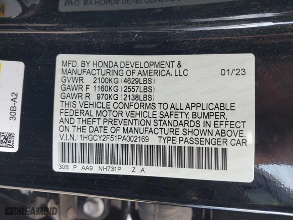 2023 Honda Accord Hybrid Sport with VIN 1HGCY2F51PA002169, listed as a IAAI auction lot 41592772 with NaN miles. Bid and sale history available at carsss.com. Image 9.