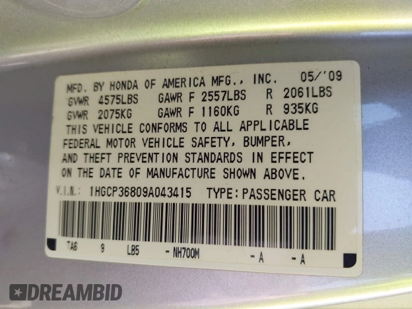 2009 Honda Accord EX-L with VIN 1HGCP36809A043415, listed as a IAAI auction lot 42143828 with 144,436 mi miles and . Bid and sale history available at DreamBid. Image 9.
