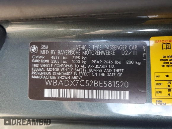 2011 BMW 3 Series 335i with VIN WBADX7C52BE581520, listed as a Copart auction lot 46274205 with 43,724 mi miles and Salvage Title. Bid and sale history available at carsss.com. Image 12.