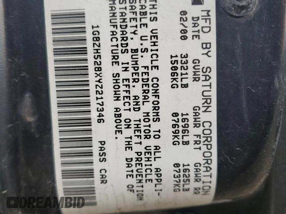 2000 Saturn SL with VIN 1G8ZH528XYZ217346, listed as a Copart auction lot 51164695 with 94,076 mi miles and Salvage title. Bid and sale history available at DreamBid. Image 13.