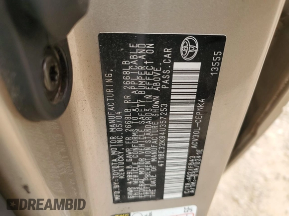 2004 Toyota Camry LE with VIN 4T1BE32K84U357253, listed as a Copart auction lot 47890335 with Not Provided miles and Salvage Title. Bid and sale history available at carsss.com. Image 12.