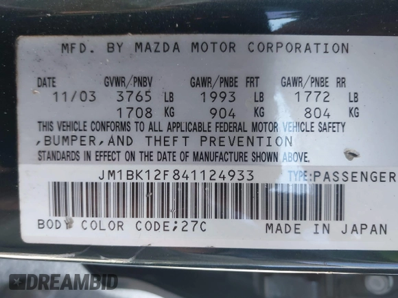 2004 Mazda 3 i with VIN JM1BK12F841124933, listed as a IAAI auction lot 41831640 with 160,980 mi miles and . Bid and sale history available at DreamBid. Image 9.