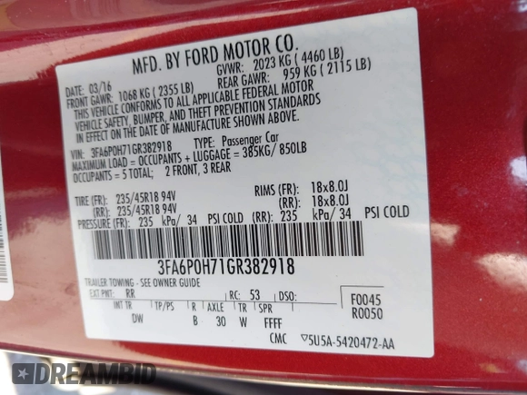2016 Ford Fusion SE with VIN 3FA6P0H71GR382918, listed as a IAAI auction lot 42480377 with 116,794 mi miles and . Bid and sale history available at DreamBid. Image 9.