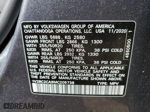 2021 Volkswagen Atlas SEL z VIN 1V2BC2CA9MC205738, wystawiony jako Copart lot #55288504 z przebiegiem 59 838 mil mil oraz Szkoda całkowita • Salvage title. Historia ofert i sprzedaży dostępna na DreamBid. Obrazek 14.