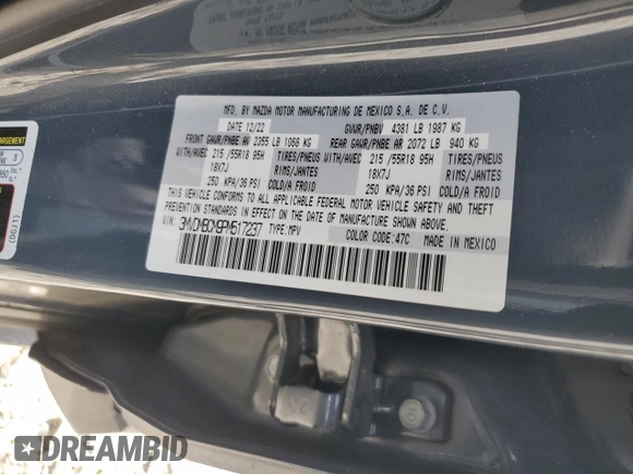 2023 Mazda CX-30 S Carbon Edition с VIN 3MVDMBCM9PM517237, выставлен на аукционе Copart как лот 55773945 с пробегом 17 724 миль миль и Списание • Salvage title. История ставок и продаж доступна на DreamBid. Изображение 13.