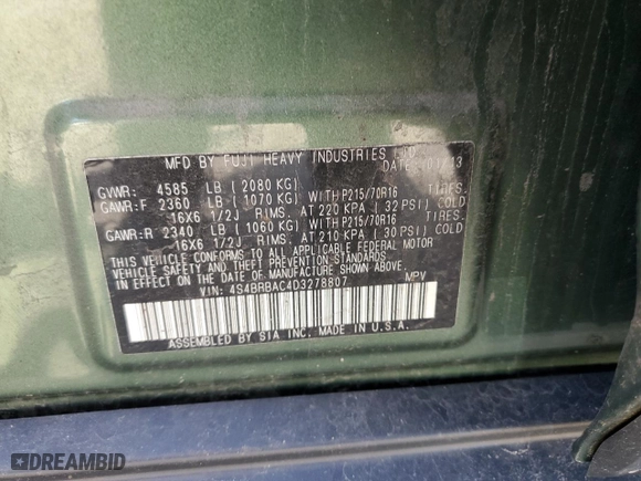 2013 Subaru Outback 2.5i with VIN 4S4BRBAC4D3278807, listed as a Copart auction lot 53274005 with 143,546 mi miles and Clean Title. Bid and sale history available at carsss.com. Image 13.