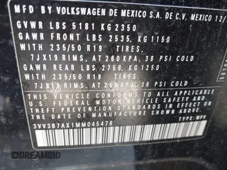 2021 Volkswagen Tiguan SE with VIN 3VV3B7AX1MM045478, listed as a IAAI auction lot 41947899 with 56,694 mi miles and . Bid and sale history available at DreamBid. Image 9.