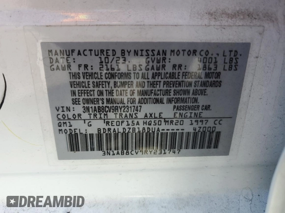 2024 Nissan Sentra SV z VIN 3N1AB8CV9RY231747, wystawiony jako Copart lot #53810205 z przebiegiem 17 746 mil mil oraz Szkoda całkowita • Salvage title. Historia ofert i sprzedaży dostępna na DreamBid. Obrazek 12.