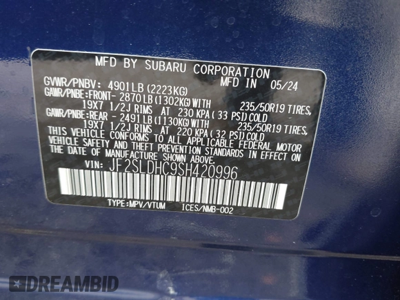 2025 Subaru Forester Special Sports with VIN JF2SLDHC9SH420996, listed as a IAAI auction lot 42470171 with Not provided miles and . Bid and sale history available at DreamBid. Image 9.