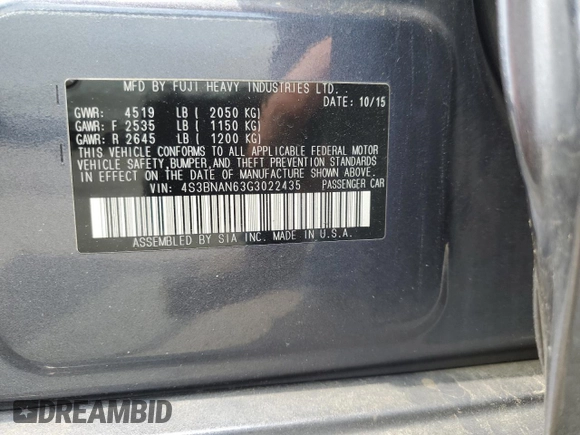 2016 Subaru Legacy Limited with VIN 4S3BNAN63G3022435, listed as a Copart auction lot 65662395 with 86,913 mi miles and Salvage title. Bid and sale history available at DreamBid. Image 12.