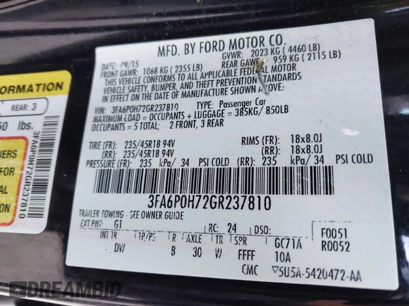 2016 Ford Fusion SE with VIN 3FA6P0H72GR237810, listed as a IAAI auction lot 42455023 with 93,048 mi miles and . Bid and sale history available at DreamBid. Image 9.
