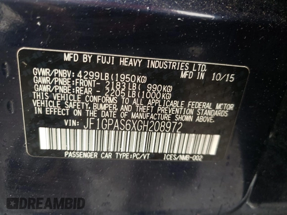 2016 Subaru Impreza Special Sports Premium с VIN JF1GPAS6XGH208972, выставлен на аукционе Copart как лот 58072935 с пробегом 127 823 миль миль и Списание • Salvage title. История ставок и продаж доступна на DreamBid. Изображение 13.