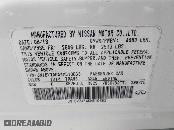 2019 Infiniti Q50 Luxe with VIN JN1EV7AP4KM510863, listed as a IAAI auction lot 42251042 with 54,156 mi miles and . Bid and sale history available at DreamBid. Image 9.