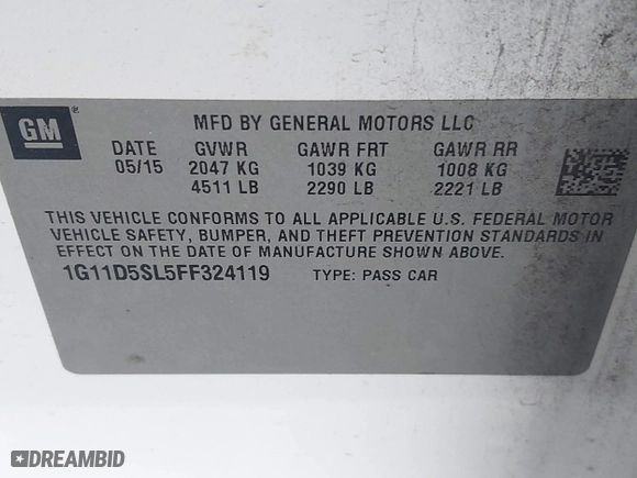 2015 Chevrolet Malibu LT with VIN 1G11D5SL5FF324119, listed as a IAAI auction lot 42041231 with 183,074 mi miles. Bid and sale history available at carsss.com. Image 9.